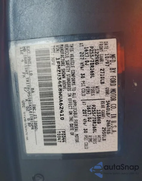 1998 Ford Explorer из США, поврежденный, VIN 1FMZU34E8WUA62410